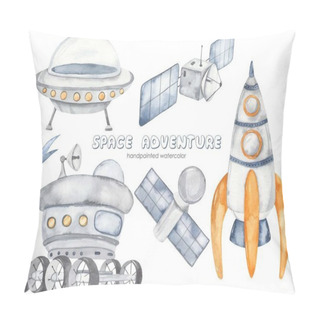 Personality  Flying Saucer, Moon Rover, Rocket, Satellite, Comet, UFO Watercolor Set Space Adventure Pillow Covers
