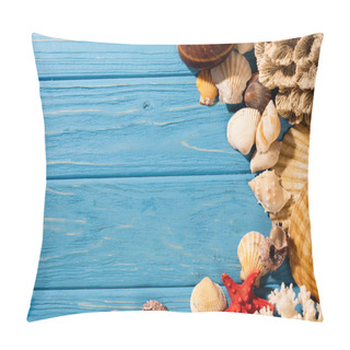 Personality  Top View Of Seashells, Starfish And Coral On Wooden Blue Background Pillow Covers
