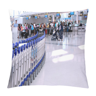 Personality  Passengers Lining Up At The Check-in Counter At The Modern International Airport Pillow Covers