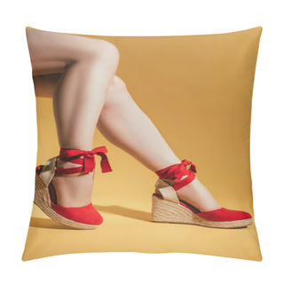 Personality  Cropped Shot Of Woman Legs In Stylish Platform Sandals On Yellow Background Pillow Covers