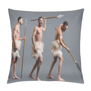 Personality  Collage Of Shirtless Caveman With Spear On Grey, Evolution Concept  Pillow Covers
