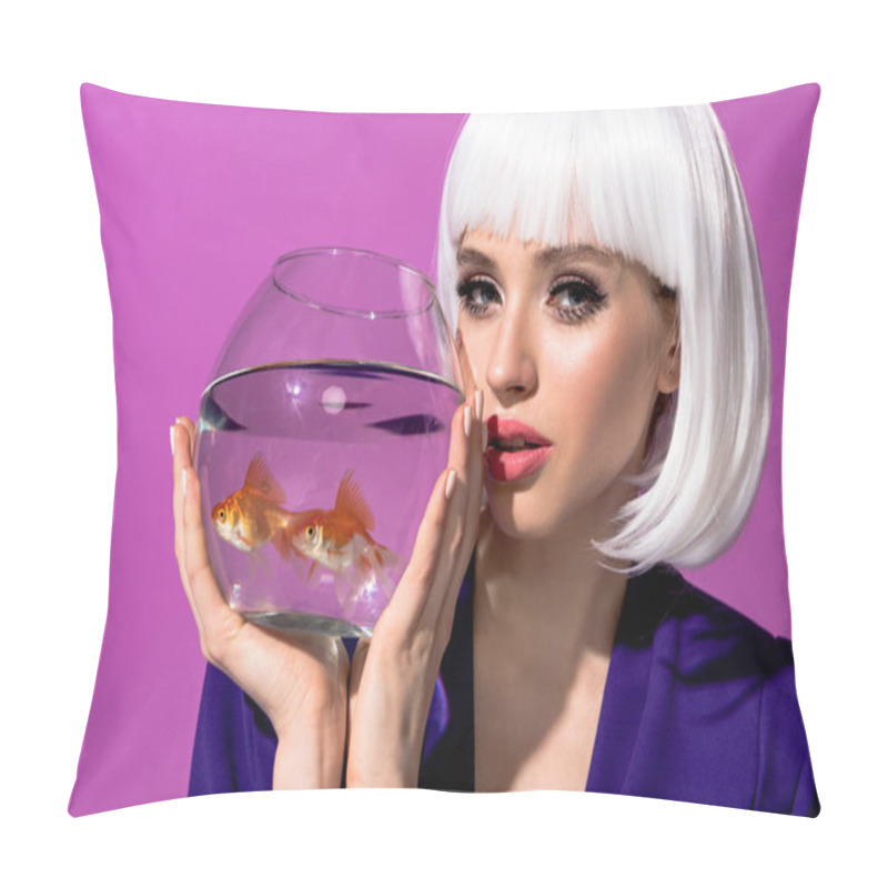 Personality  Charming young woman in white wig holding aquarium with goldfishes isolated on purple pillow covers