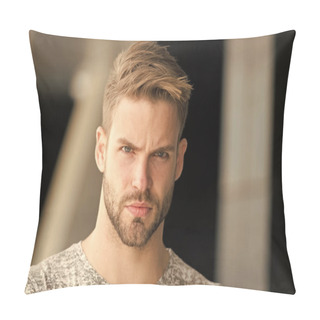 Personality  Metrosexual Concept. Man Beard Unshaven Guy Looks Handsome And Cool. Handsome In Style. Guy Bearded Attractive Cares About Appearance. Man Bristle Serious Strict Face, Black Background Close Up Pillow Covers