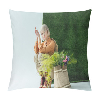 Personality  Beautiful Fashionable Girl Posing Near Bag With Fern And Flowers On White With Green Grass  Pillow Covers