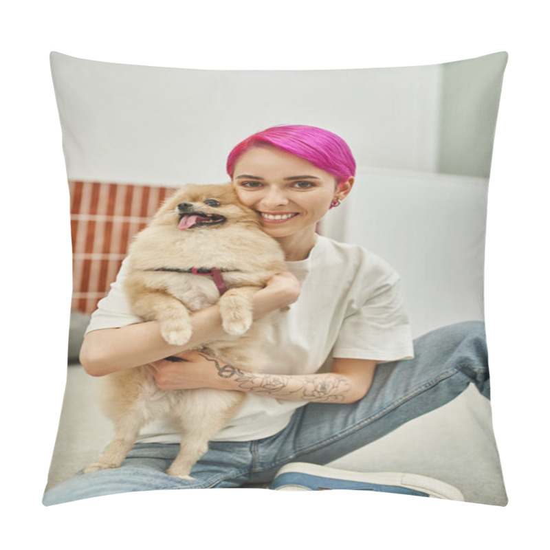Personality  Purple-haired Woman Sitting On Floor And Embracing Pomeranian Spitz, Affection Of Dog And Pet Sitter Pillow Covers