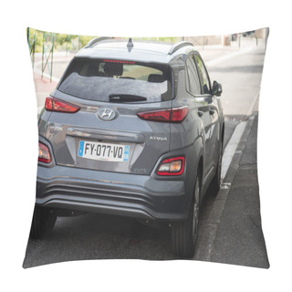 Personality  Mulhouse - France - 3 June 2022 - Rear View Og Grey Hynudai Kona The Famous Korean Electric Car Parked In The Street Pillow Covers