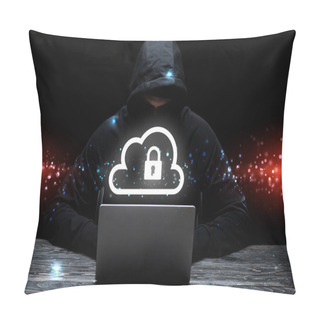Personality  Hacker In Hood Using Laptop Near Cloud With Padlock On Black  Pillow Covers