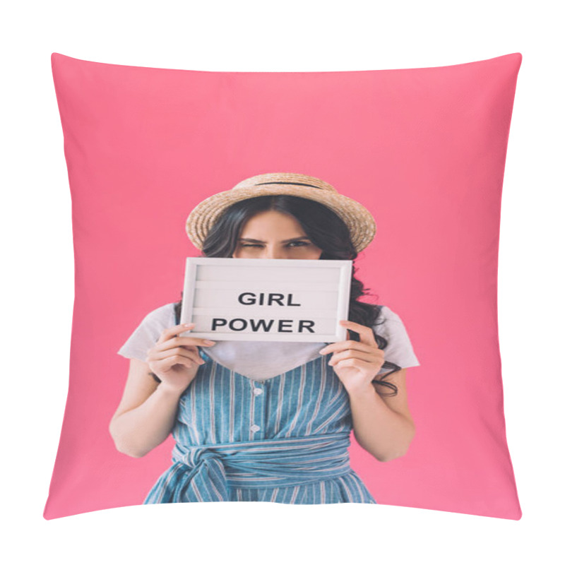 Personality  woman with girl power board in hands pillow covers