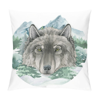 Personality  Wolf Portrait In Mountain Wild Landscape. Watercolor Illustration. Grey Wolf View Portrait. Wild Animal In Forest Winter Scene. Festive Print Image. Furry Animal In Mountain Landscape, Fir Trees Pillow Covers