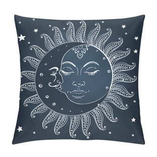 Personality  Sun And Moon. Vintage Engraving Style. Pillow Covers