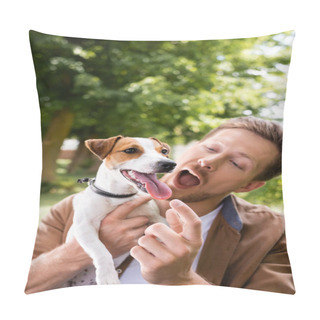Personality  Excited Man With Open Mouth Touching Tongue Of Jack Russell Terrier Dog In Park Pillow Covers