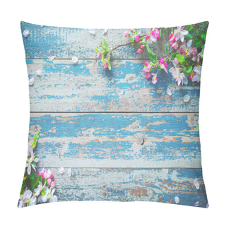 Personality  Spring Blooming Branches On Blue Wooden Background. Pillow Covers
