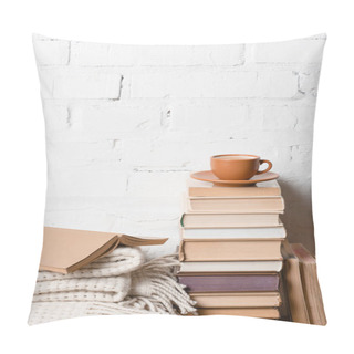 Personality  Cup Of Coffee On Pile Of Books Near White Brick Wall Pillow Covers