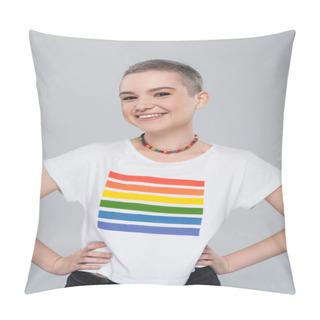 Personality  Cheerful Young Woman In Lgbt Colors T-shirt Standing With Hands On Hips Isolated On Grey Pillow Covers