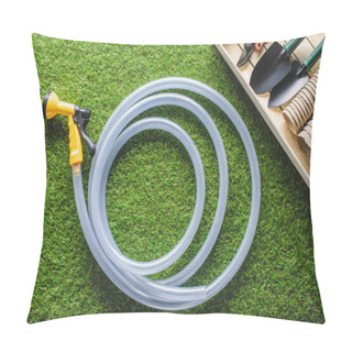Personality  Top View Of Hosepipe And Gardening Equipment On Planks  Pillow Covers