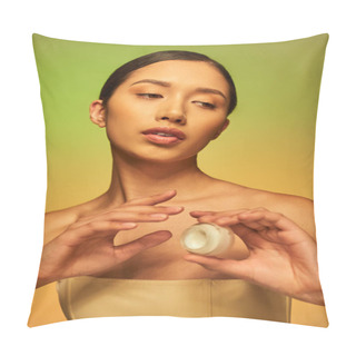 Personality  Beauty Campaign, Young Asian Woman With Bare Shoulders Holding Cosmetic Jar With Face Cream On Green Background, Brunette Hair, Beauty Industry, Glowing Skin, Skin Care Concept  Pillow Covers