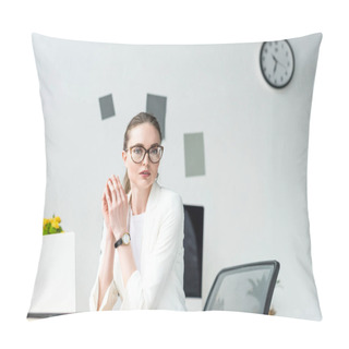 Personality  Portrait Of Businesswoman In White Suit And Eyeglasses At Workplace With Laptop In Office Pillow Covers