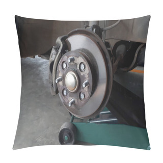Personality  A Car On Jack With Wheel Removed Showing Brake Discs Pillow Covers