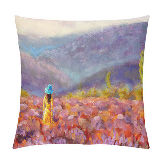 Personality  Walking Women In Field Of Lavender. Romantic Girl In Lavender Fields, Having Vacations In Provence, France. A Girl In Orange Dress Walking Trough Lavender Fields Oil Painting On Canvas Pillow Covers