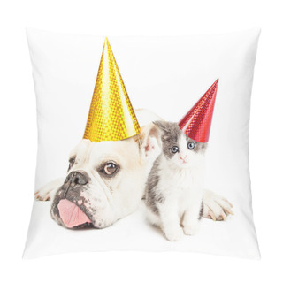Personality  Funny Bulldog Laying With Kitten Wearing Party Hats Pillow Covers