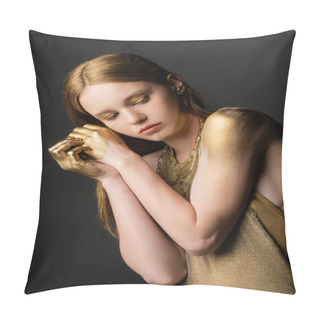 Personality  Young Woman In Golden Paint And Dress Posing Isolated On Grey  Pillow Covers