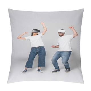 Personality  Excited Couple In Jeans, Gumshoes And White T-shirts Dancing While Using Vr Headsets On Grey Pillow Covers