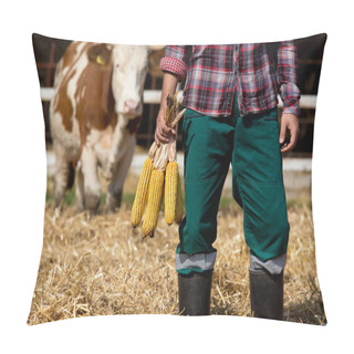 Personality  Farmer With Corn Cobs With Cow Behind Him Pillow Covers