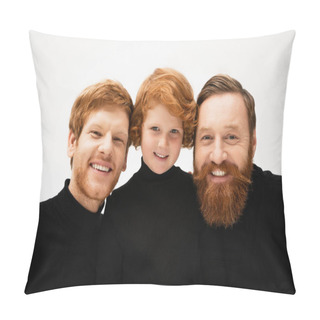 Personality  Cheerful Red Haired Boy With Bearded Grandfather And Dad In Black Turtlenecks Smiling At Camera Isolated On Grey Pillow Covers