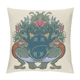 Personality  Decorative Bird. Medieval Gothic Style Concept Art. Pillow Covers