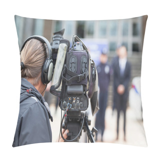 Personality  Cameraman. News Conference. Filming An Event With A Video Camera Pillow Covers