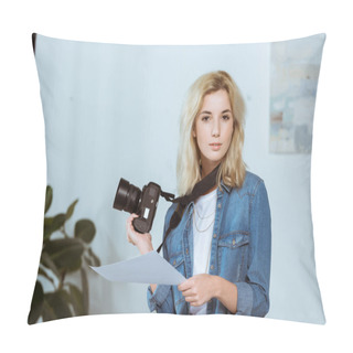 Personality  Portrait Of Young Photographer With Photo Camera And Photoshoot Example Looking At Camera In Studio Pillow Covers
