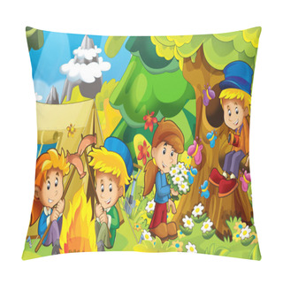 Personality  Cartoon Nature Background With Kids Having Fun In The Forest Camping With Tent - Illustration For Children Pillow Covers