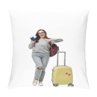 Personality  Female Student With Suitcase Pointing With Finger At Passport And Air Tickets Isolated On White, Studying Abroad Concept Pillow Covers
