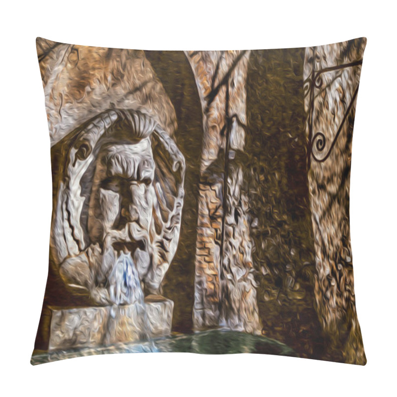 Personality  Charming fountain with face-shaped statue carved on marble in a street of Rome. The incredible city of the Ancient Era, known as The Eternal City, in central Italy. Oil paint filter. pillow covers