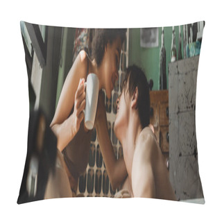 Personality  Side View Of Sexy Shirtless Man And African American Woman With Tea Cup Looking At Each Other In Workshop, Banner Pillow Covers