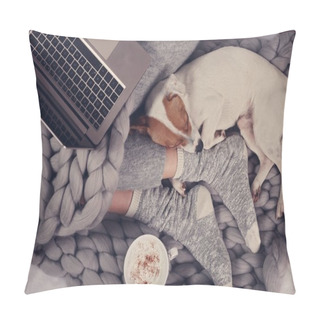 Personality  Cozy Home, Warm Blanket, Hot Drink, Movie Night. Dog Sleeping On Female Feet. Relax, Carefree, Comfort Lifestyle. Pillow Covers