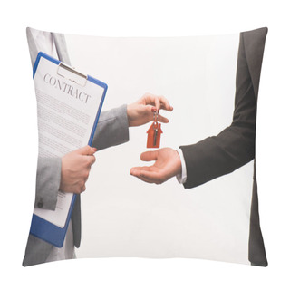 Personality  Cropped Image Of Estate Agent Giving Key From House To Costumer Isolated On White Pillow Covers