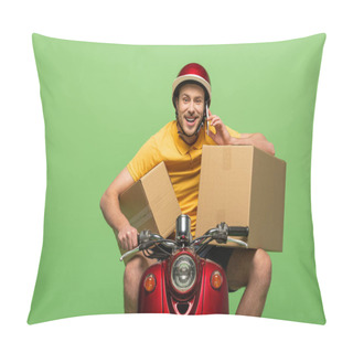 Personality  Happy Delivery Man In Yellow Uniform On Scooter With Boxes Talking On Smartphone Isolated On Green Pillow Covers