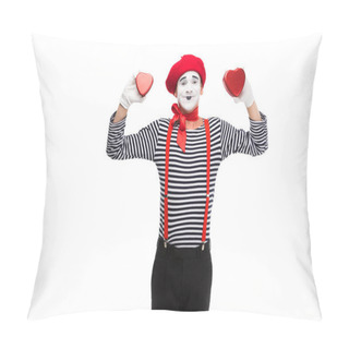 Personality  Smiling Mime Holding Heart Shaped Gift Boxes Isolated On White, St Valentines Day Concept Pillow Covers