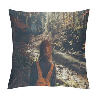 Personality  Rear View Of Female Traveler Standing In Mountain Forest, Carpathians, Ukraine Pillow Covers