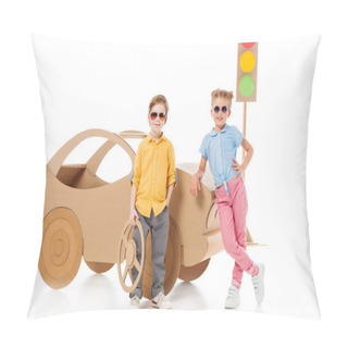 Personality  Stylish Children In Sunglasses Posing Near Cardboard Car And Traffic Lights, On White  Pillow Covers