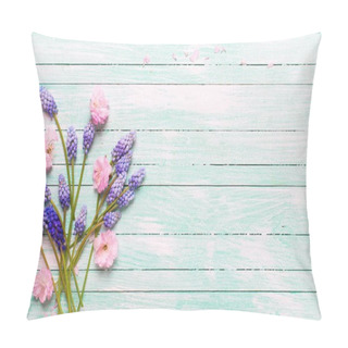 Personality  Pink Almond And Blue Muscaries Flowers On Turquoise Wooden Background. Pillow Covers