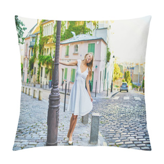 Personality  Woman In White Dress Walking On Famous Montmartre Hill In Paris Pillow Covers