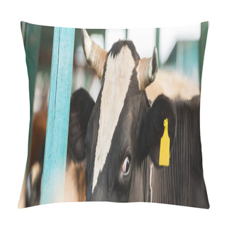 Personality  Horizontal Image Of Black And White Cow With Yellow Tag On Dairy Farm Pillow Covers