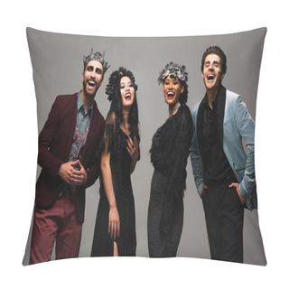 Personality  Excited Multiethnic Friends In Halloween Costumes Laughing At Camera Isolated On Grey Pillow Covers