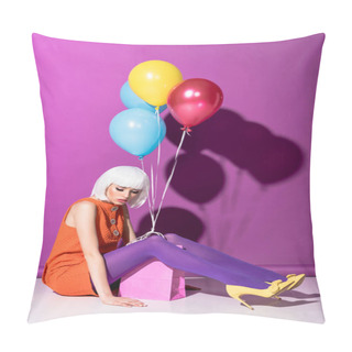 Personality  Sad Young Woman In White Wig With Air Balloons Sitting On Purple Background Pillow Covers