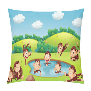 Personality  Monkey Playing In Nature Illustration Pillow Covers