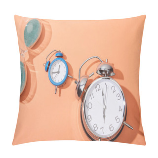 Personality  Top View Of Alarm Clocks And Hourglass On Peach Background Pillow Covers