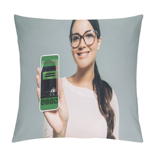 Personality  Woman Showing Smartphone With Booking App, Isolated On Grey Pillow Covers