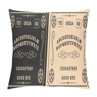 Personality  Graphic Template Inspired By Ouija Board. Black And Very Soft Orange Symbols Of Pentagram , Texts And Alphabet. Gothic Typography. Ghosts And Demons Calling Game. Pillow Covers